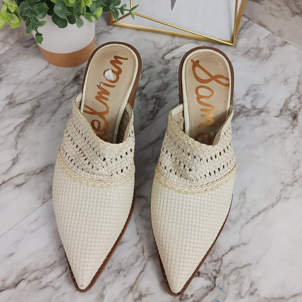 SAM EDELMAN Lillianna Slip-On Leather Heel Mules Ivory Pointed Toe women's sz.8 - Picture 3 of 11